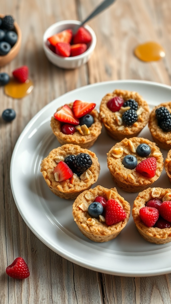 Baked oatmeal cups with berries and nuts on a wooden table, served with fresh berries and honey.